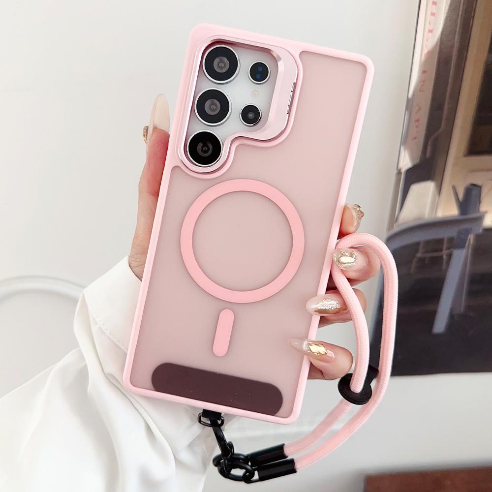 Wrist Strap Lanyard Lens Stand Holder Matte Magnetic Case For Samsung S24 FE S25 Ultra S23 Plus Shockproof Hard Bumper Cover