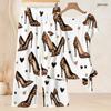 Women Plus Size White Printed Two Piece Set Round Neck Short Sleeve Knot Hem Top Long Pants