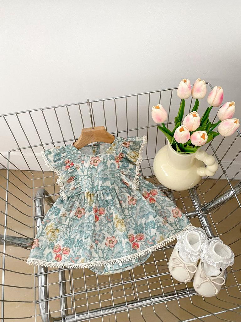Baby Girl Green Floral Short Sleeve Romper Dress for Summer