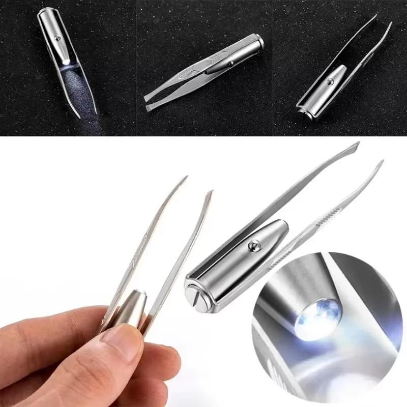 Stainless Steel Makeup LED Light Slant Tip Hair Removal Eyelashes Eyebrow Tweezers Makeup Tool with Battery