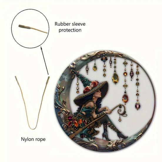 Halloween Moon Witch Hanging Decoration Stained Glass 2D Flat Acrylic Faux Crystal Pendant Witch Suncatcher Wall Window Hanging Sign Ornament