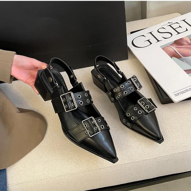 Модные женские туфли на низком каблуке, хит продаж, модные женские туфли на плоской подошве с пряжкой, повседневные женские сандалии с острым носком, мюли, высокие каблуки