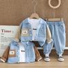 Boys'   Autumn Denim Three-Piece Suit - Children's Lapel Denim Sweater Jacket with Color-Matching Pockets and Jeans