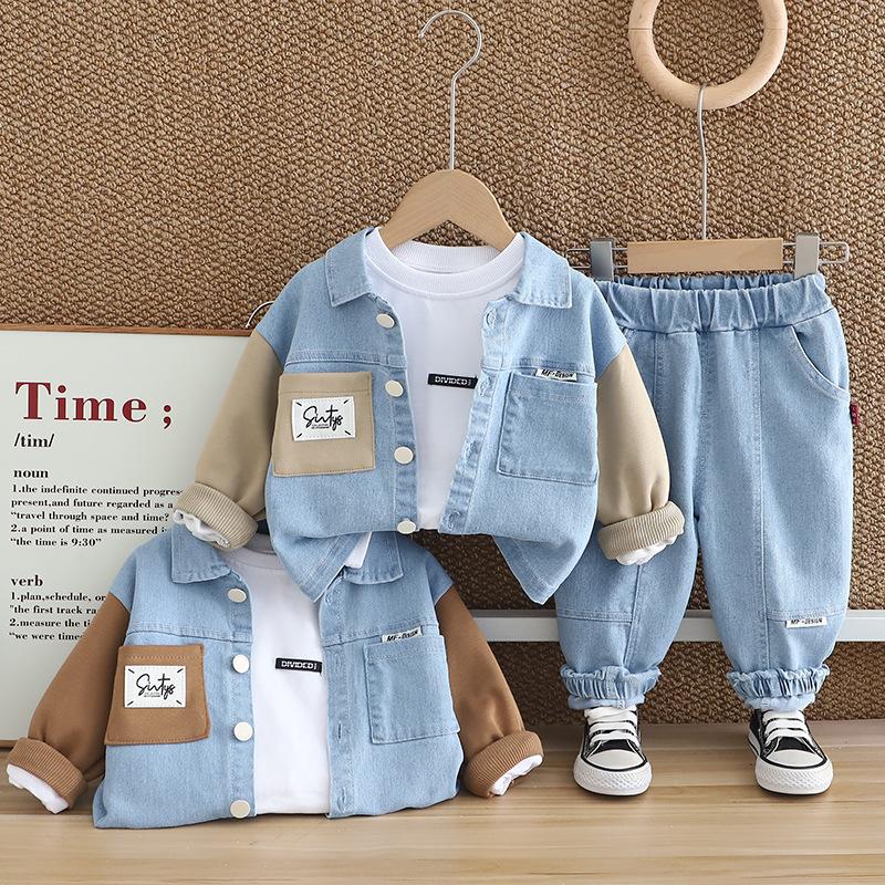 Boys' Autumn Denim Three-Piece Suit - Children's Lapel Denim Sweater Jacket with Color-Matching Pockets and Jeans