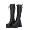 Chunky Knee High Boots Women Platform Thick Punk Heels PU Leather Black Retro Winter Shoes Long Boots Female Lace Up Waterproof
