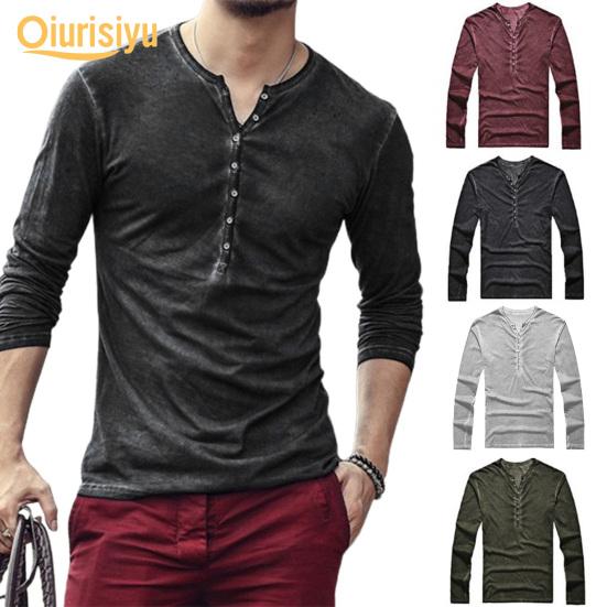 Men Solid Color Casual V Neck Thin Buttons T-shirt