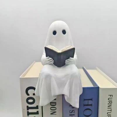 Забавная статуэтка призрака, читающего книгу, Жуткая фигурка призрака, Дизайн сидящей фигурки для украшения стола, Подарки на Хэллоуин для семьи, друга
