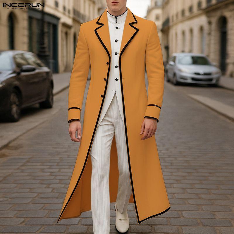INCERUN Men Lapel Neck Long Sleeve Stitching Open Front Long Blazer Coats
