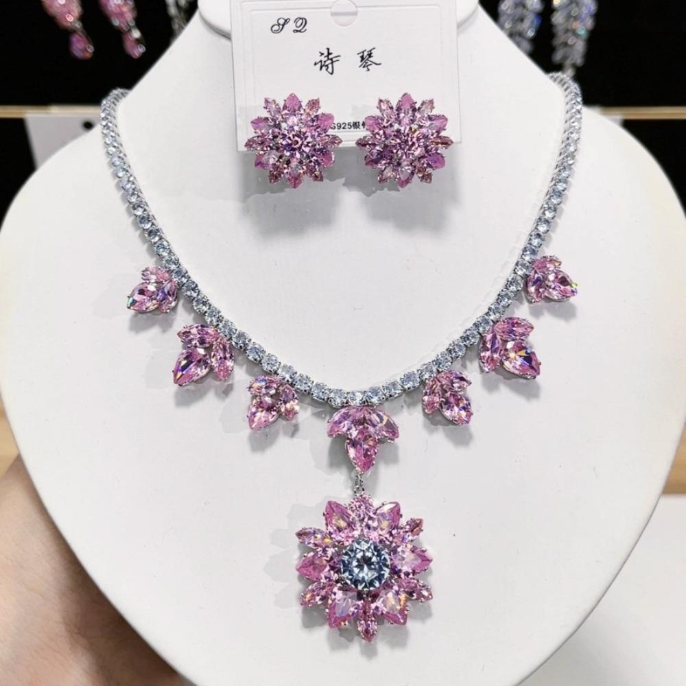 Розовый кулон серьги для женщин Помолвочное модный хрустальный набор украшений Свадебные чокеры Вечеринка Аксессуары Подарки