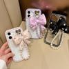 For iPhone 16 Plus Case Glitter Epoxy Design TPU+PC Phone Back Cover with Bow Strap,Rhinestone Decor