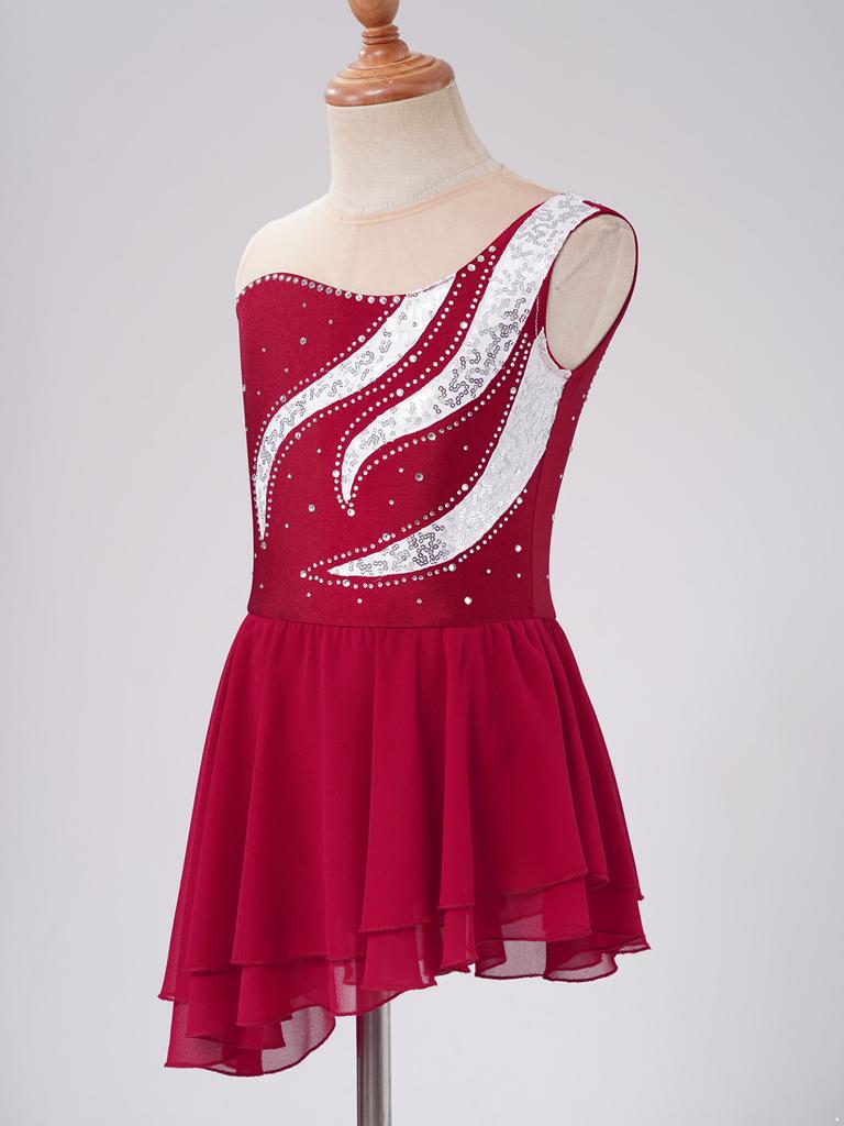 Детская танцевальная одежда с блестками и стразами для девочек, платье без рукавов с открытой спиной и косым подолом, платье для фигурного катания на коньках