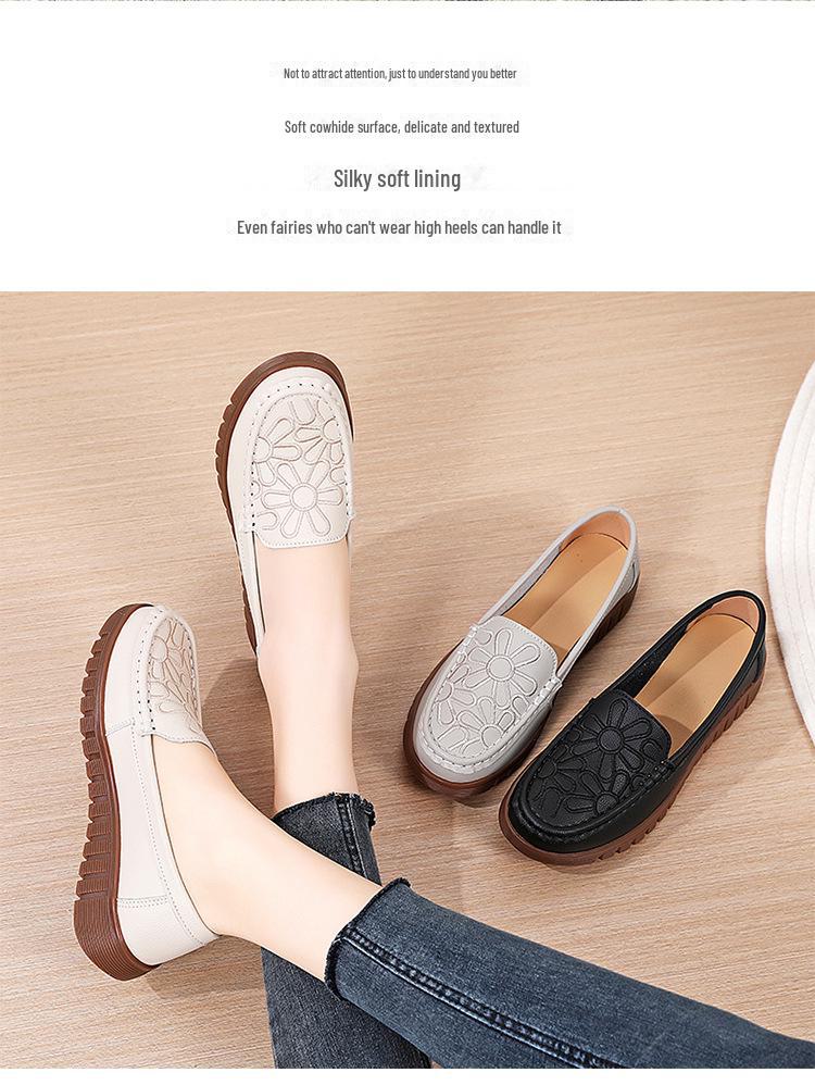 Women's Genuine Leather Slip-On Shoes with Cowhide Soles - Comfortable, Non-Slip Flats for Middle-Aged and Elderly.
