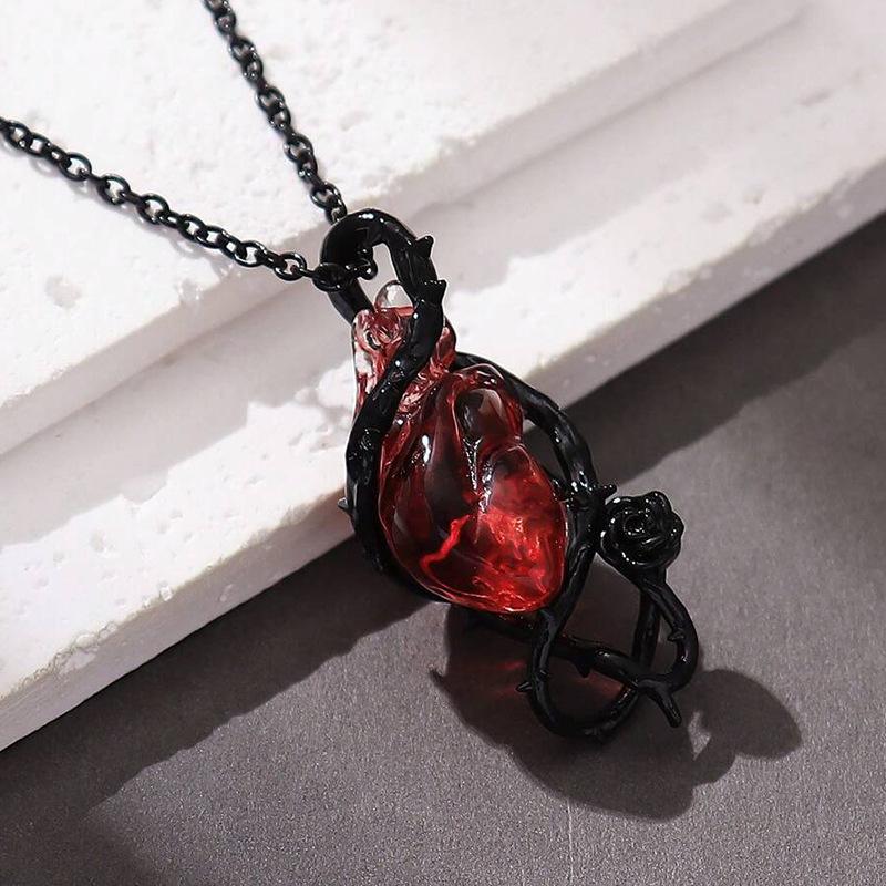 Halloween Gothic Red Crystal Flower Thorns Pendant Necklace for Women Men Punk Love Heart Skeleton Skull Choker Jewelry