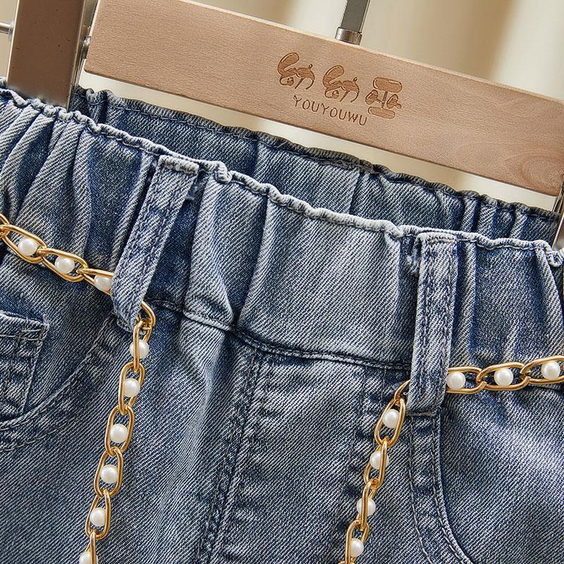 2025 Весна/Осень Джинсы широкие свободные для девочек-малышек с необработанным краем, в корейском стиле