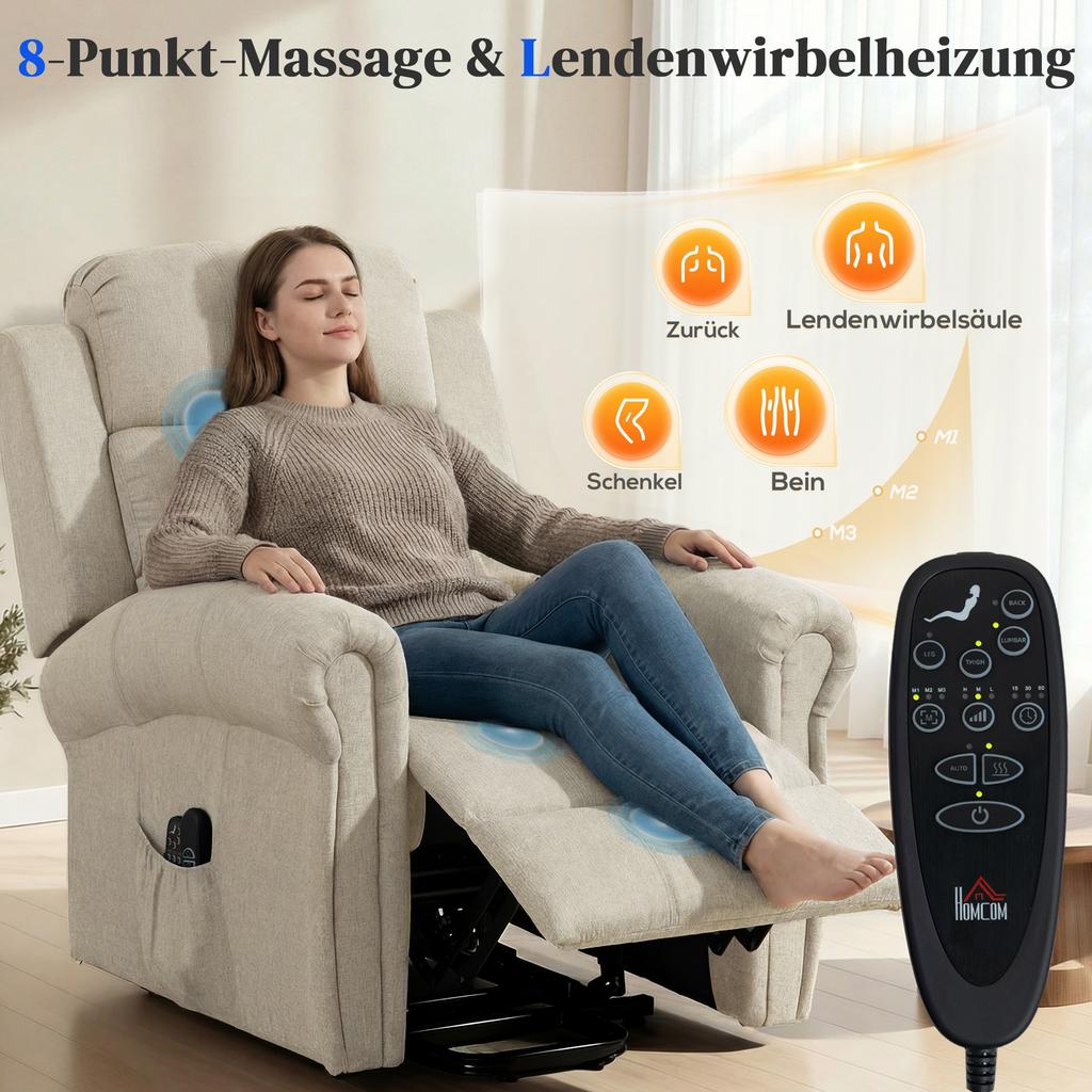 Massage Chair with Lift-Assist, Relax Chair, Vibration Heads, with Tilt Function, Linen Look, Beige
