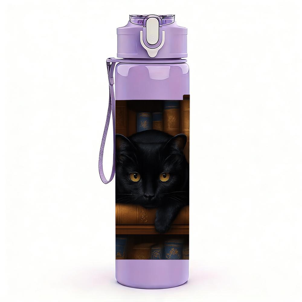 1PC Black Cat Book Stack Scene 750ml Color Plastic Sports Water Bottle Leakproof Flip Straw Lid For Sports Office Home Use