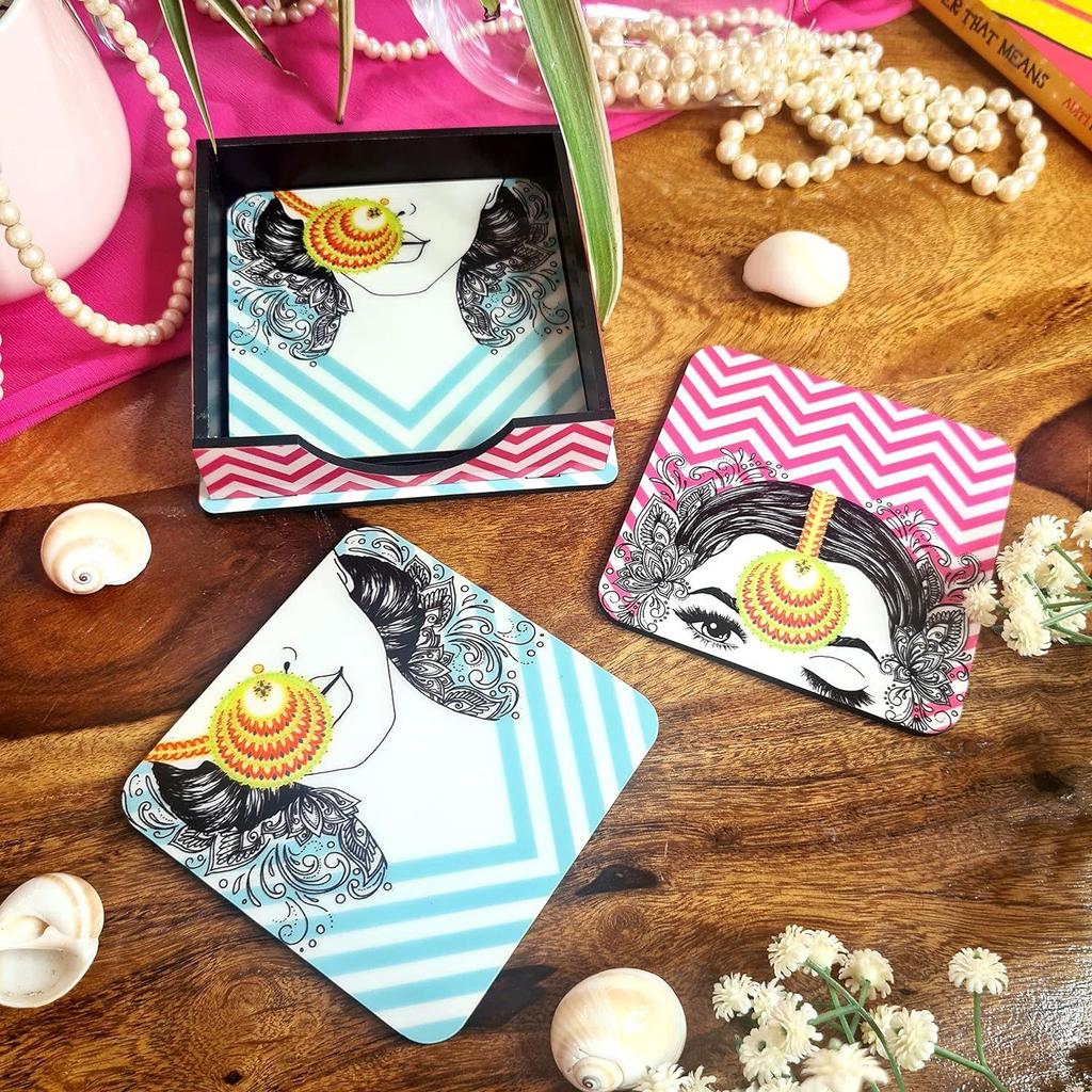 Набор из 4 подставок The Indian Nari диаметром 4 дюйма с уникальным дизайном ручной работы квадратной формы с футляром 10x10 см