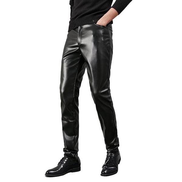 Мужские брюки из эластичной кожи, облегающие трендовые узкие повседневные брюки для мужчин, брюки из искусственной кожи, мотоциклетные брюки
