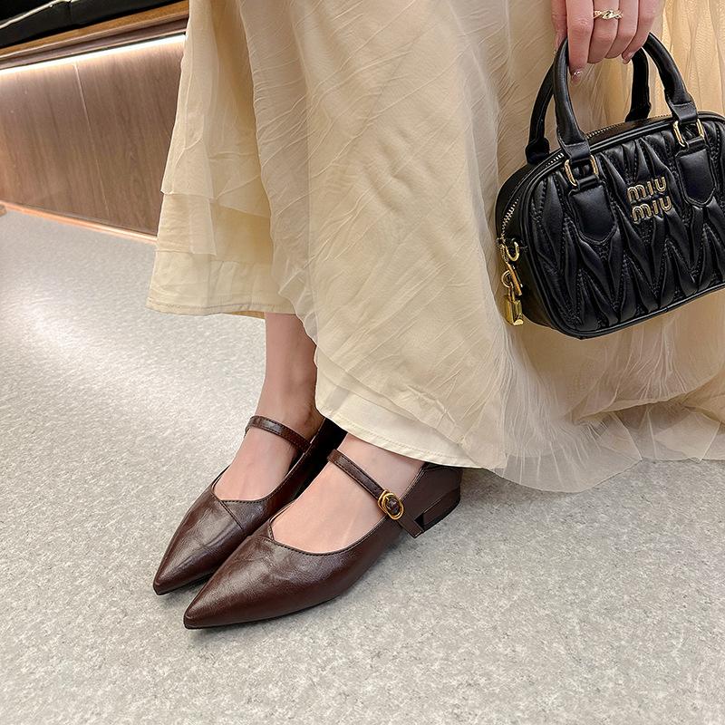 Версия из овчины остроносые французские кожаные туфли Мэри Джейн одинарные туфли 2025 весна новые ретро на низком каблуке универсальные балетки