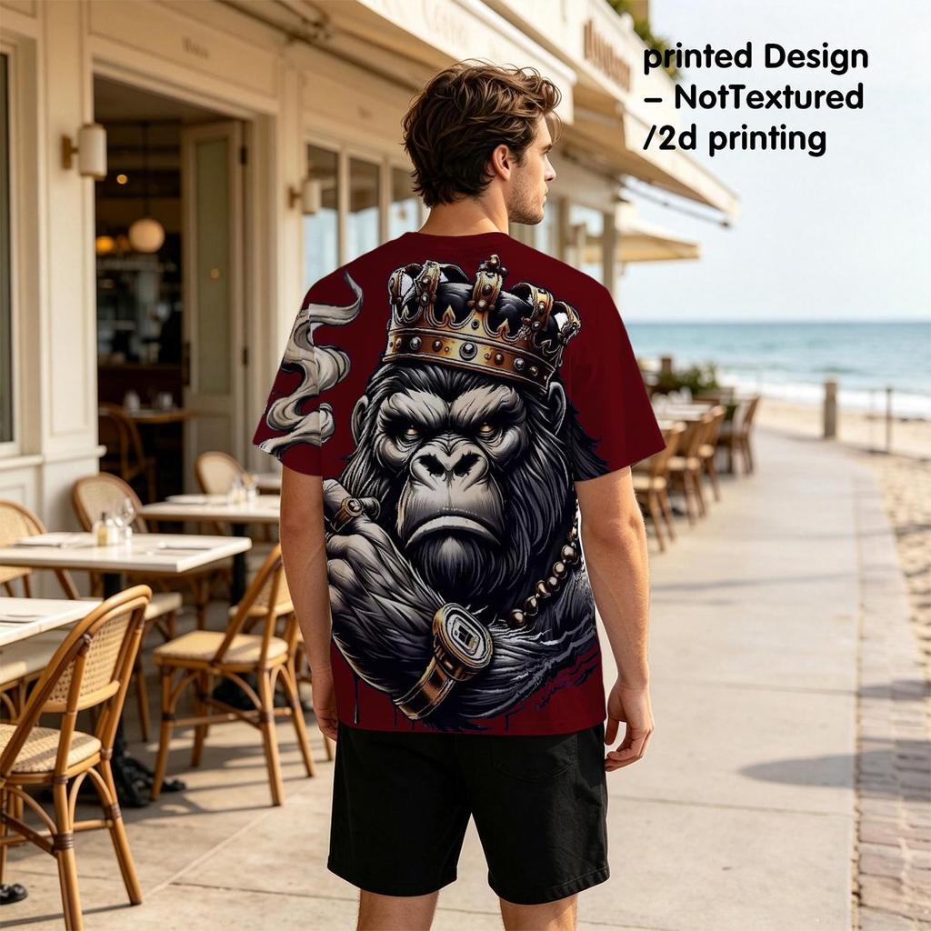 Men's Royal King Gorilla with Crown Crew Neck T‑Shirt, Noble Urban Street Style Ape Graphic Casual Short Sleeve Tee
