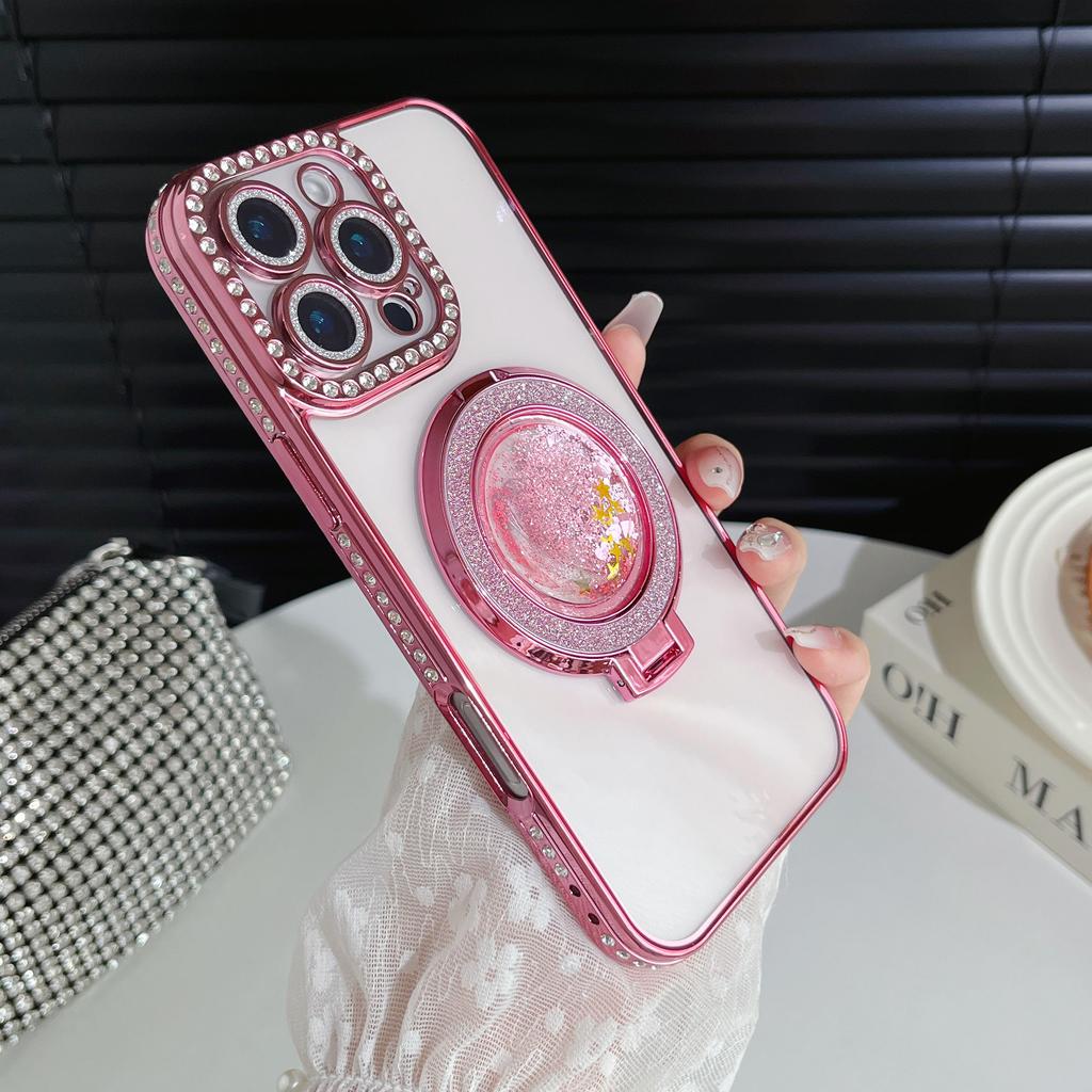 Чехол-бампер для телефона с подставкой, защищающий объектив камеры, с гальваническим покрытием, блестками и бриллиантами, для iPhone 17 16 Pro Max Samsung S25 S24, прозрачная защитная крышка