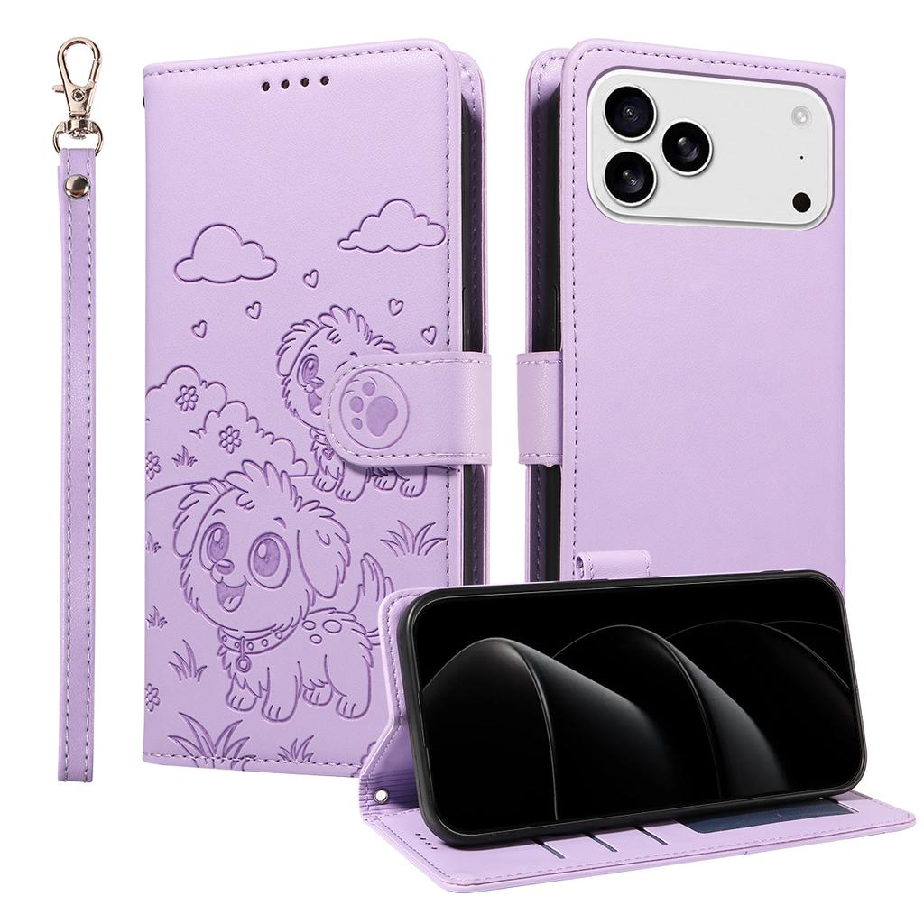 For iPhone 17 Pro Max Case RFID Blocking Imprinted Dog Pattern PU Leather Phone Cover with Wrist Strap