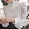 Новая модная блузка с длинным рукавом и воротником-стойкой, черная белая шифоновая рубашка, женские топы J386