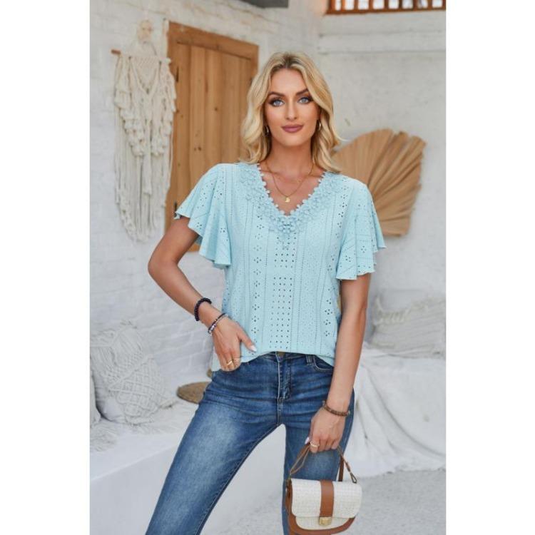New Fashion Women's Lace V-neck Loose T-shirt Solid Color Ruffled Sleeves Spring Summer