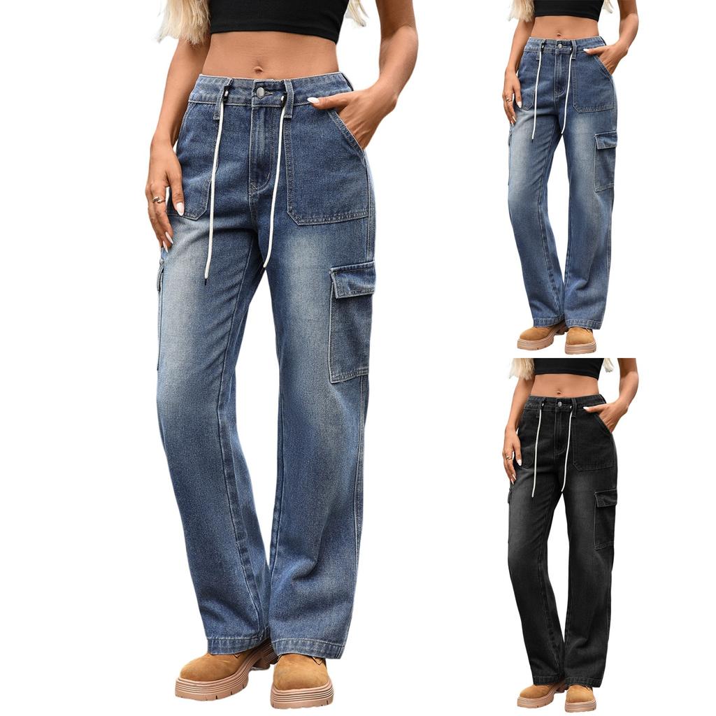 Женские повседневные модные однотонные джинсы прямого кроя с широкими штанинами, эластичной талией и карманами