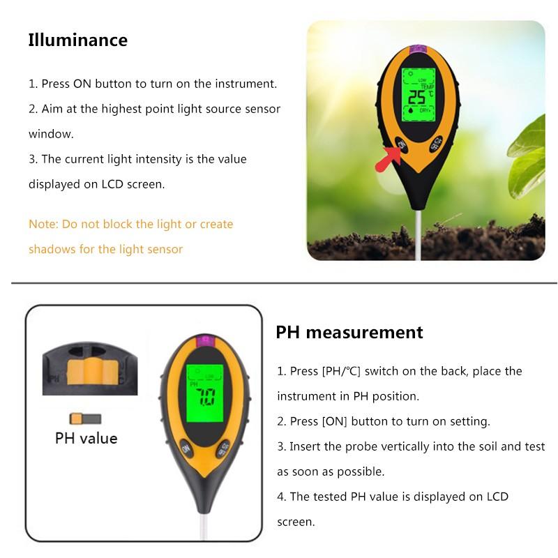 4-в-1 цифровой измеритель влажности почвы PH, измерение температуры и влажности почвы, детектор измерения солнечного света в окружающей среде