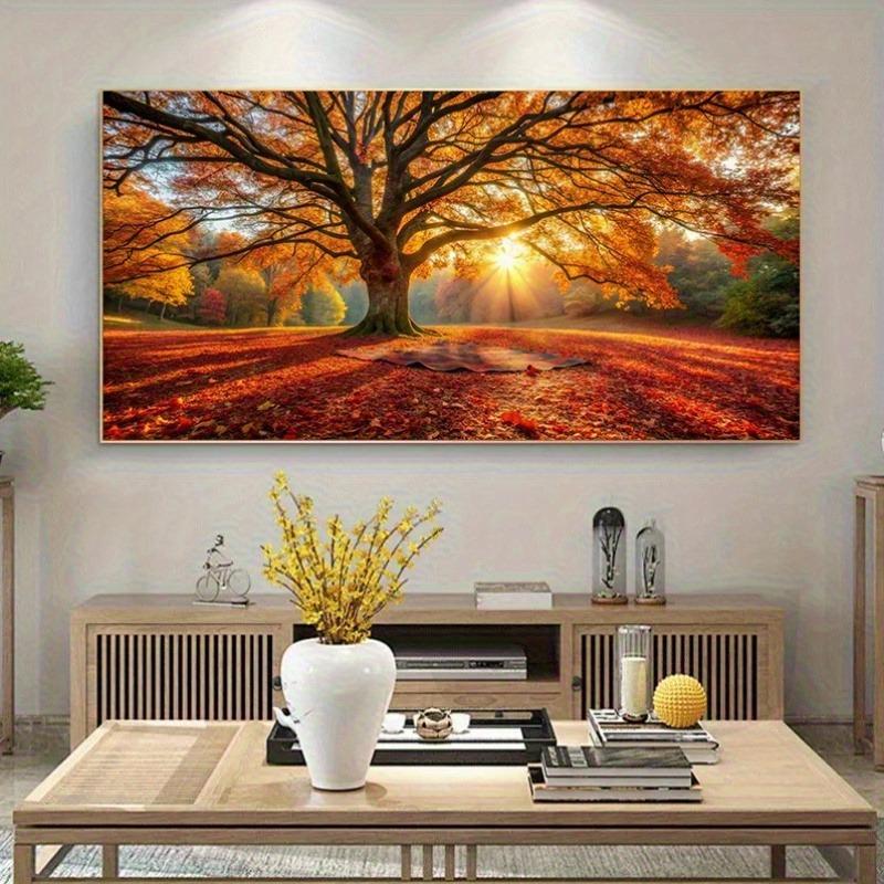 Autumn Tree Sunrise Golden Leaves Theme Canvas Wall Art Living Room, Bathroom, Home Office Room Aesthetic Decorative Poster