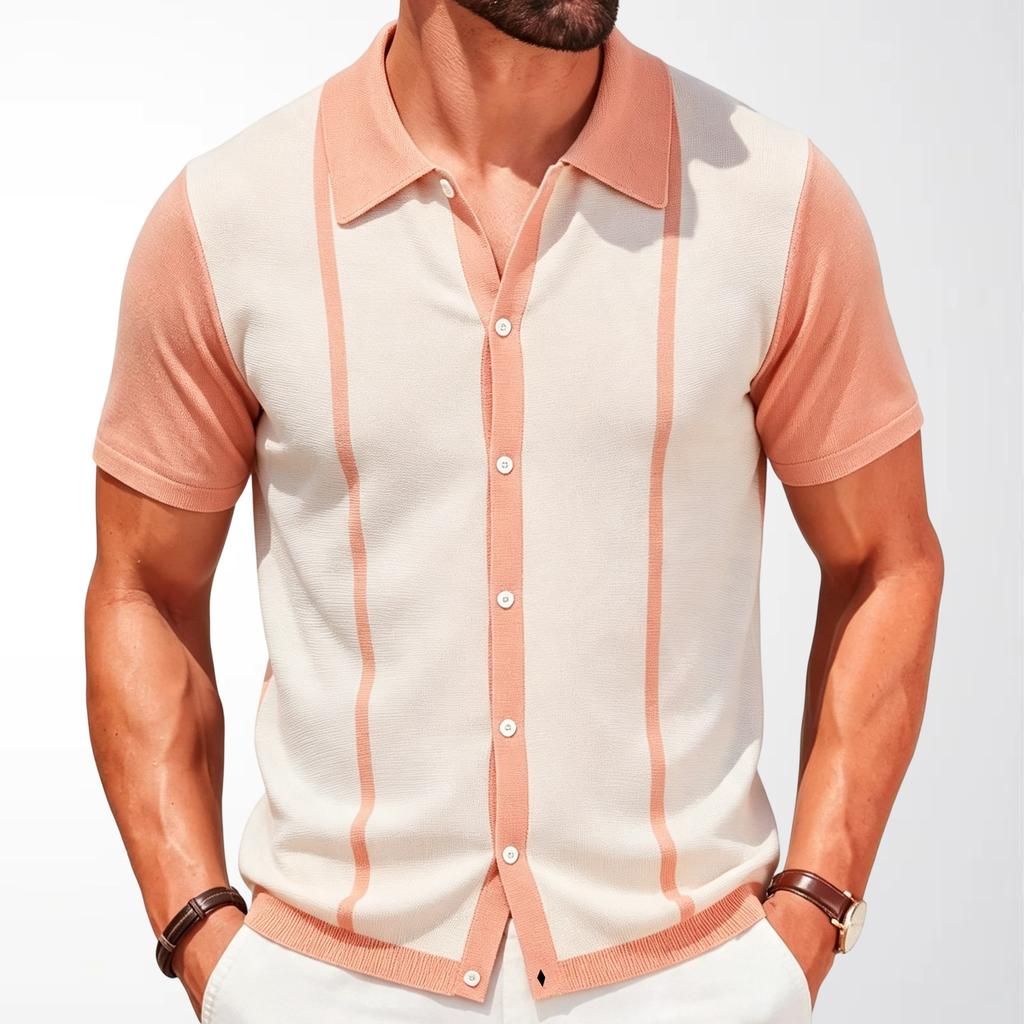 Мужские вязаные рубашки с коротким рукавом, рубашка-поло на пуговицах, летняя пляжная вязаная повседневная рубашка, топы, дышащие, легкие, для отпуска, винтажные рубашки для мужчин