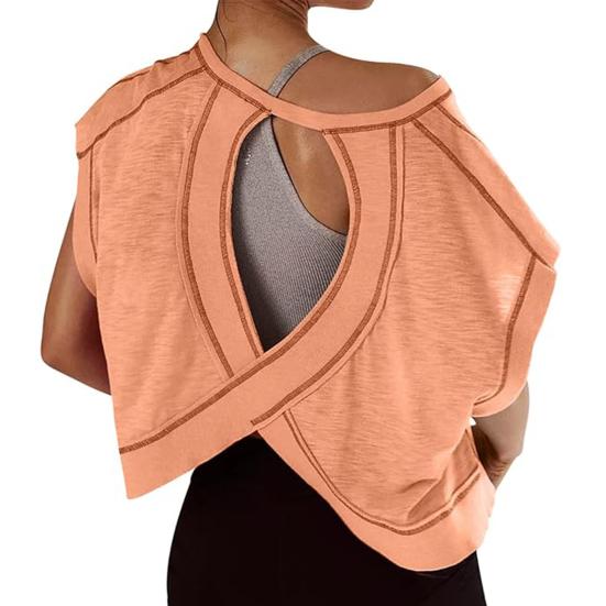 Женская футболка с круглым вырезом, коротким рукавом и открытой спиной, однотонная свободная футболка для тренировок, универсальная повседневная одежда