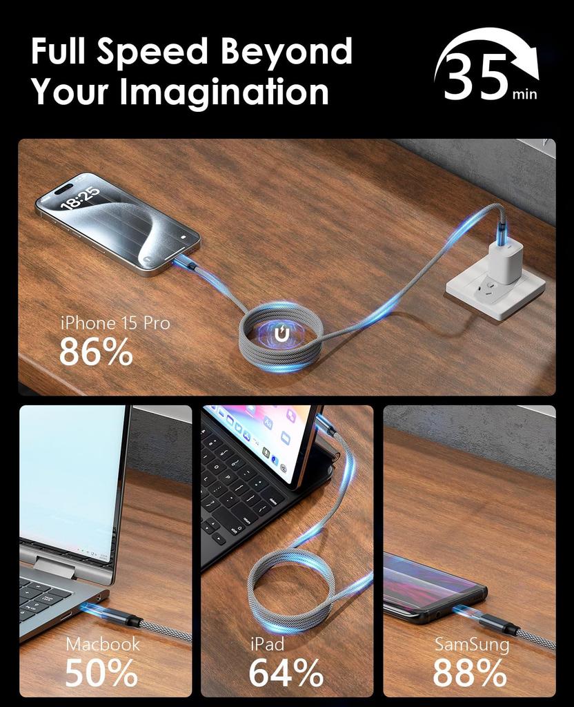 Magtame Magnetic Automatic Fast Metal High Durability Double Совместимость с кабелем Type-C, хранение, зарядка 240 Вт/5 А, кабель Type-C, QC4.0/PD3.1