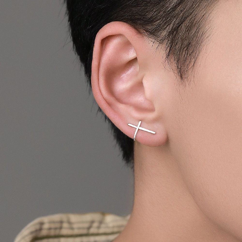 Hip Hop Trend Cross Hollow Silver Plate Geometry Metal Ear Studs Korean Style Earrings Men Earrings