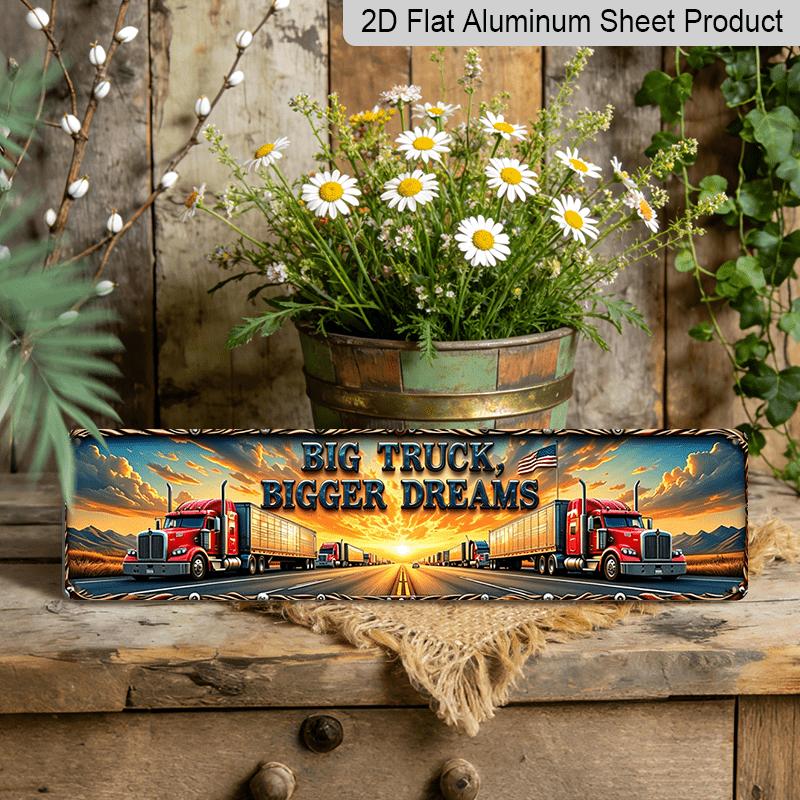 2D Flat, Vintage American Road Culture Aluminum Decorative Sign - Retro Red Truck & Flag Metal Decor with Frame Suitable for, Truck Stop, Restaurant