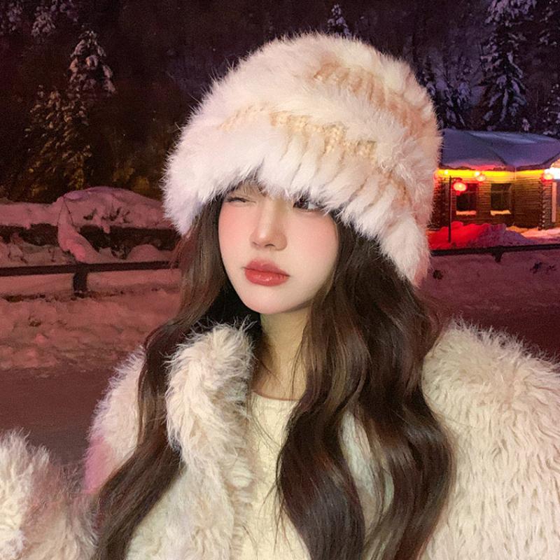 Вязаная шапка-ведро из меха кролика, женская, зима 2023, новая плюшевая утолщенная термошапка с изображением маленького лица
