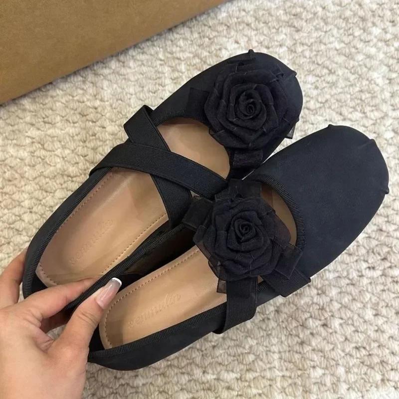 Модные Удобные и Элегантные Женские Туфли-Балетки Модная Эластичная Лента Новые Цветочные Балетки на Плоской Подошве Хит Продаж Круглый Носок Низкий Каблук