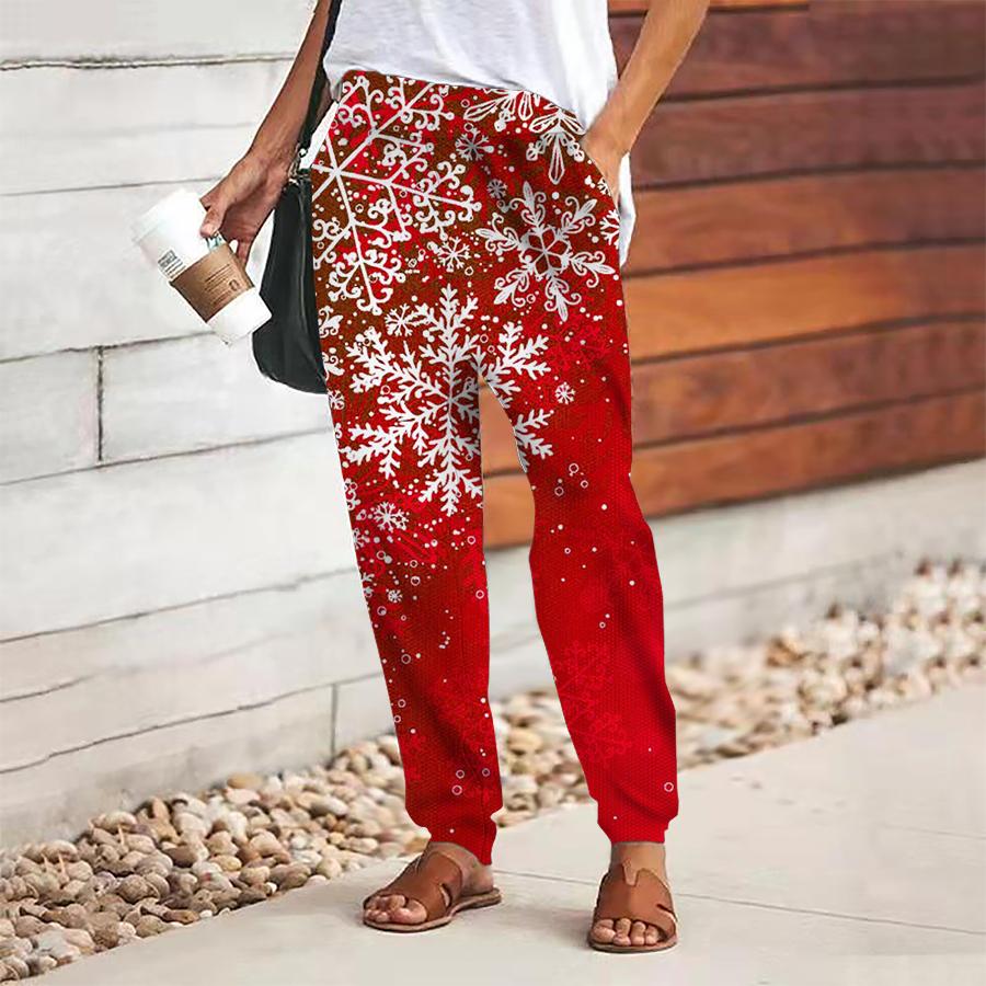 Women Snowflake Printing Pants Lace Up Elastic Waist Loose  Trousers Casual Long Pants Trousers with Pockets