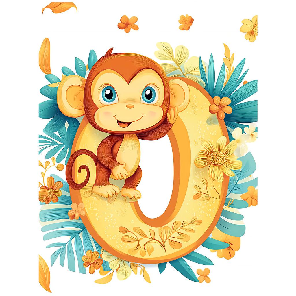 Poster Cheerful Monkey On The Letter "O Poster Cheerful Monkey On The Letter "O, 40X50 Cm, Gold Aluminum Frame, 230 Gsm Matte Paper