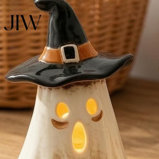 Warm Light Glow Spooky Accents Witch Hat Ghost Tealight Candle Holder, Vintage Resin Halloween Tabletop Decor Decorations with for Farmhouse