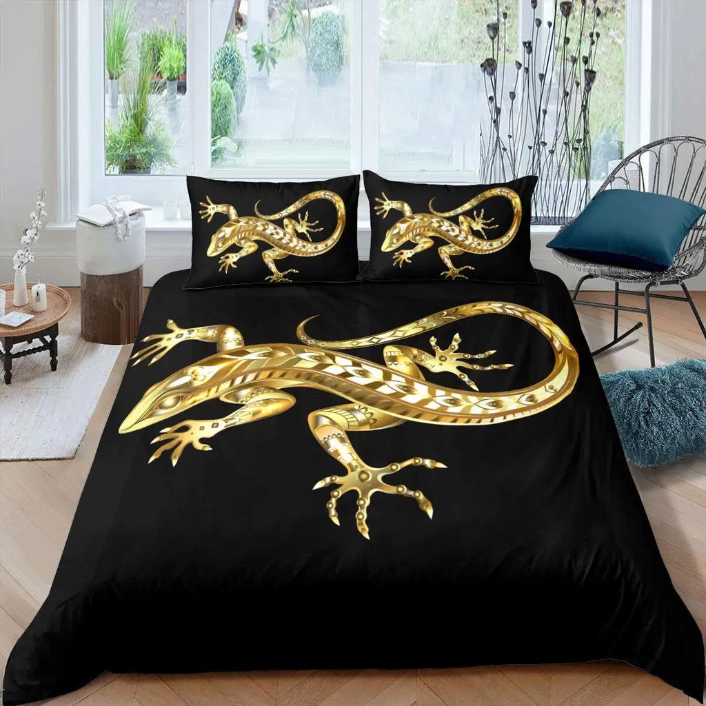 Chameleon Duvet Cover Set 3D Wild Animal Theme Twin Bedding Set Wildlife Comforter Cover Boys Green Leaf Polyester Quilt Cover