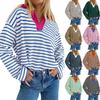 Women's Autumn V Neck Striped Color Matching Loose Casual Long Sleeved T Shirt
