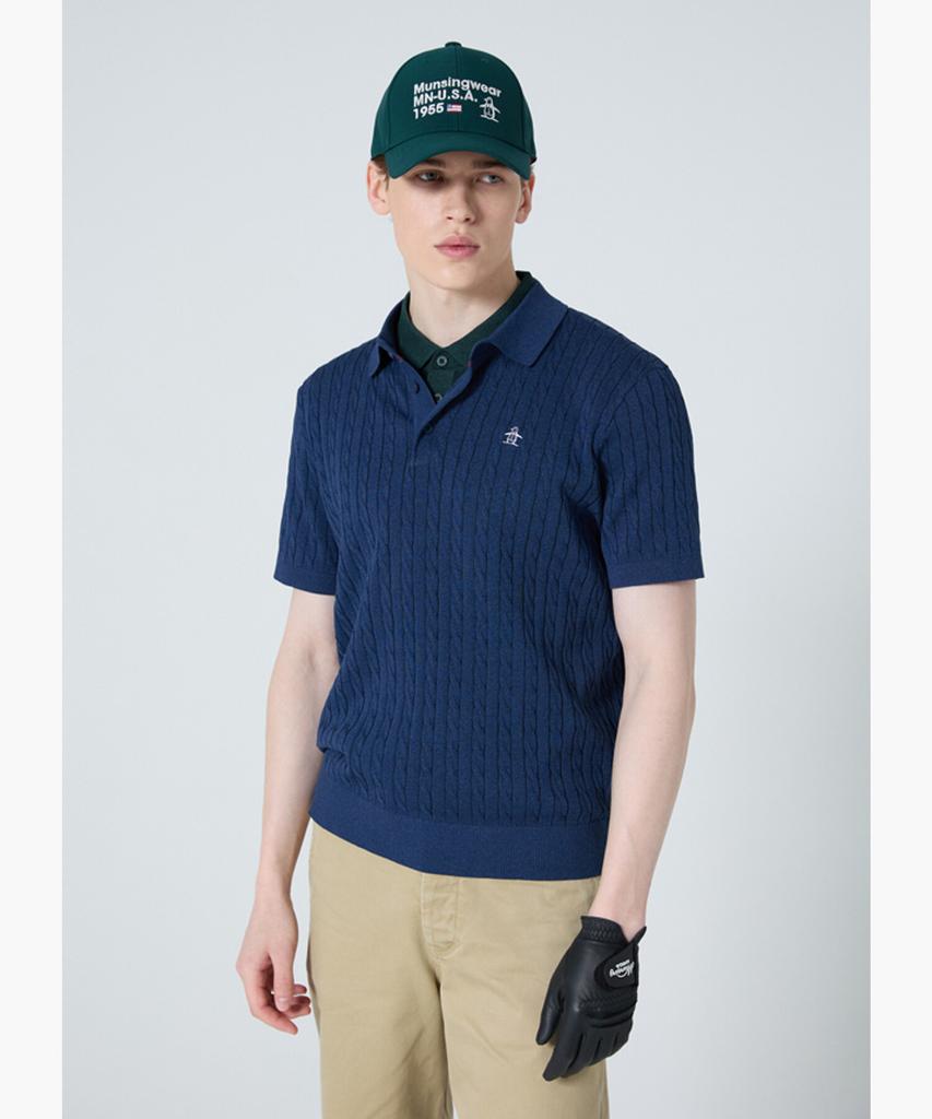 Meonsingweeo Men'S Cable Short Sleeve Sweater Denim Blue Mr121Msw31