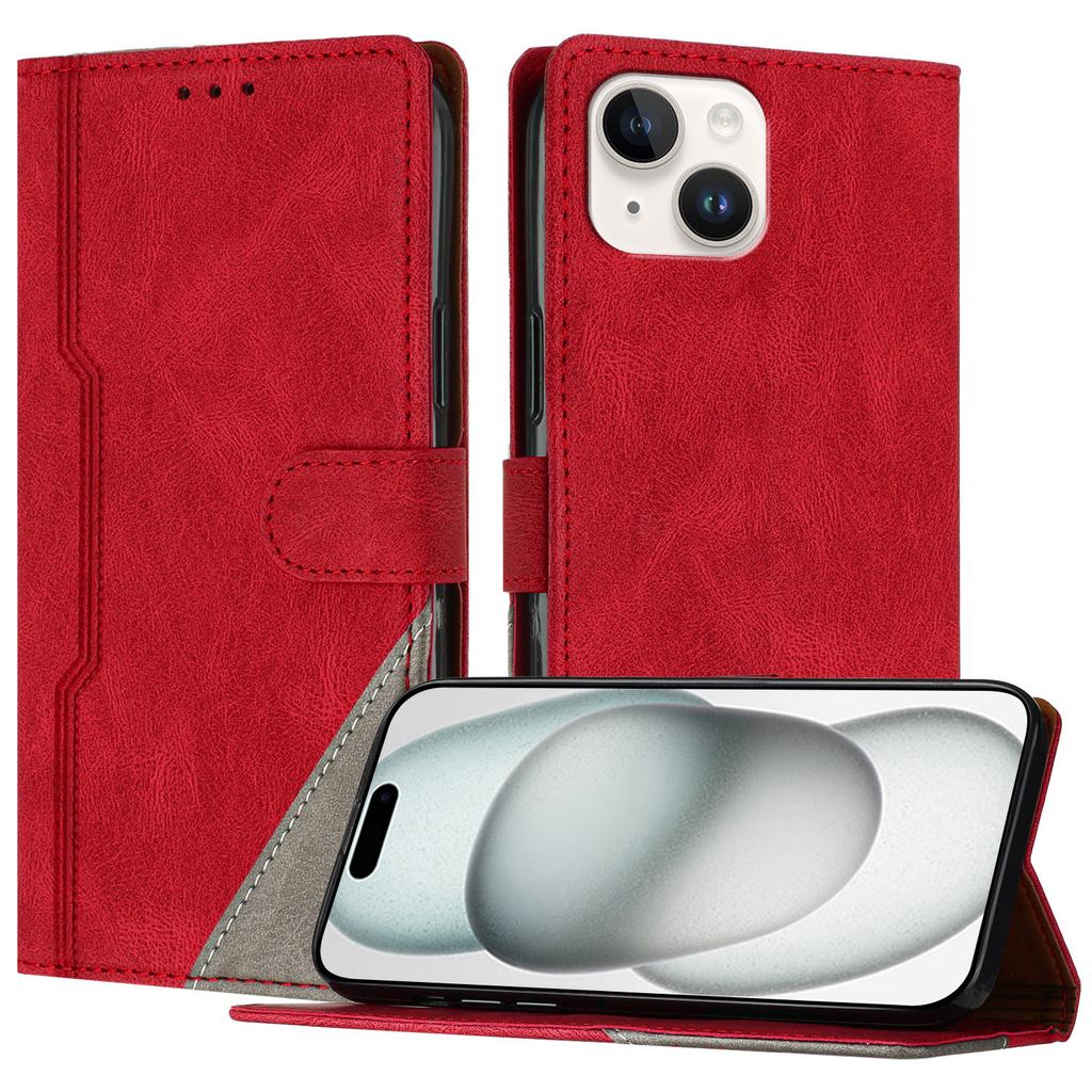 For iPhone 15 Leather Case Triangle Patchwork Wallet Stand Shockproof Phone Cover