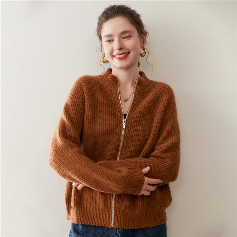 Women's Thick Striped Knit Cashmere Cardigan, Half-High Collar, Long Sleeve, Loose Fit, Slimming Outerwear for Autumn and Winter