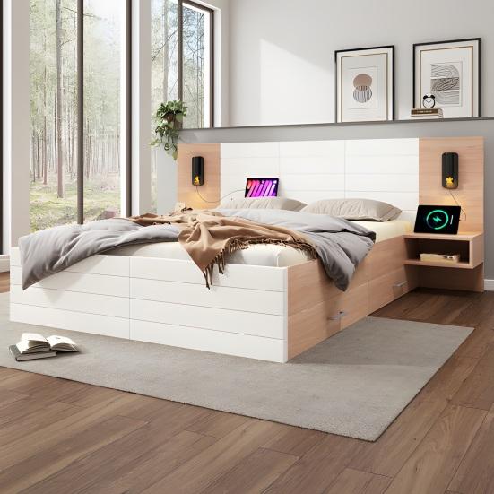 160x200cm Double Bed with 2 Drawers Bedside Cabinets Reading Light Headboard USB Charging Function Strong Wood Slat Support Bed Bedroom