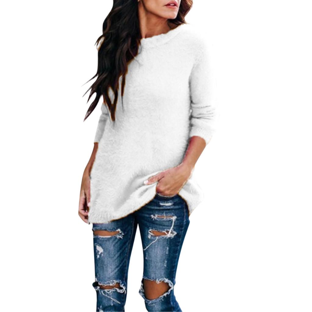 Женская бархатная однотонная блузка с круглым вырезом и длинными рукавами