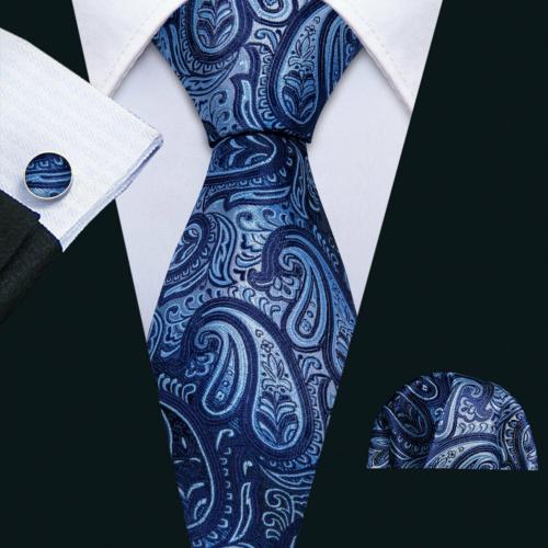 Dibangu Ретортный однотонный синий мужской шелковый тканый галстук, карманный квадратный набор запонок