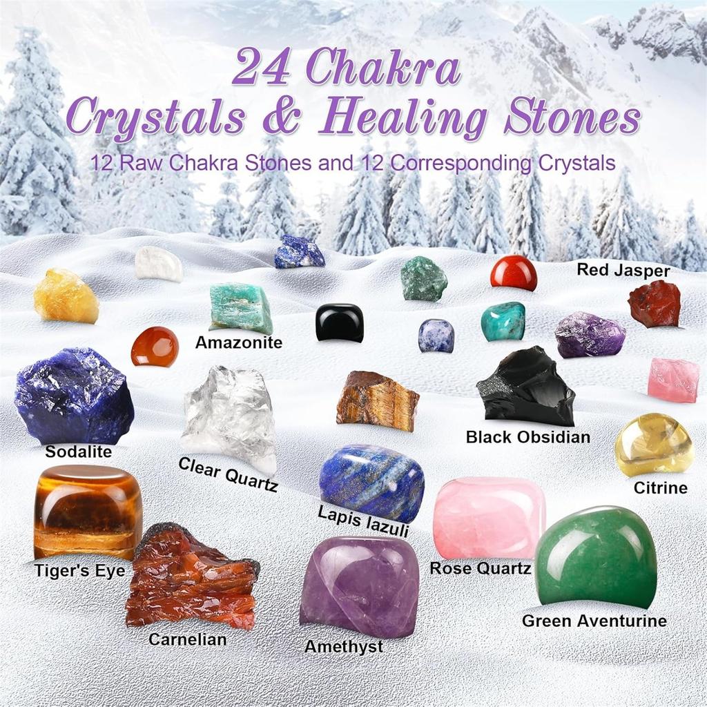 24pc Advent Calendar Crystals Adult-24 Days Chakra Crystals&Healing Stones,Christmas Countdown Calendar Natural Stones Crystals Journey For Girls Boys